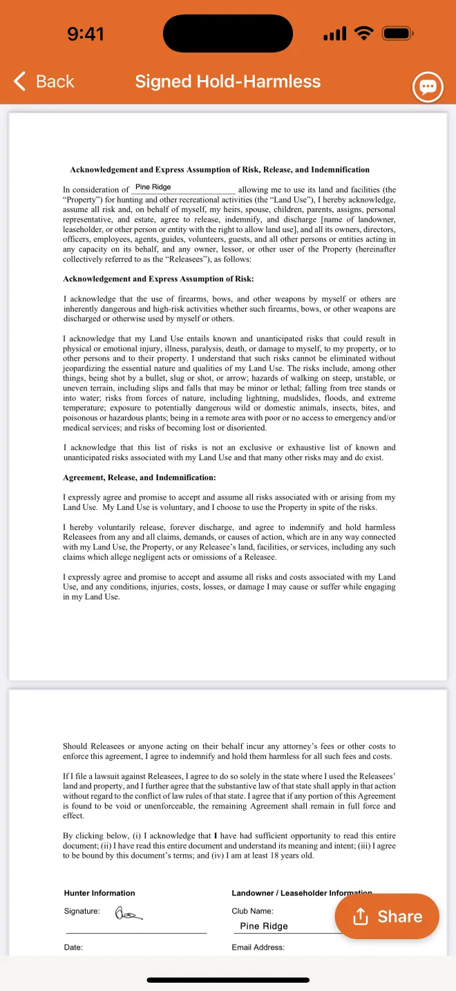 A signed hold-harmless agreement for Pine Ridge, ready to share