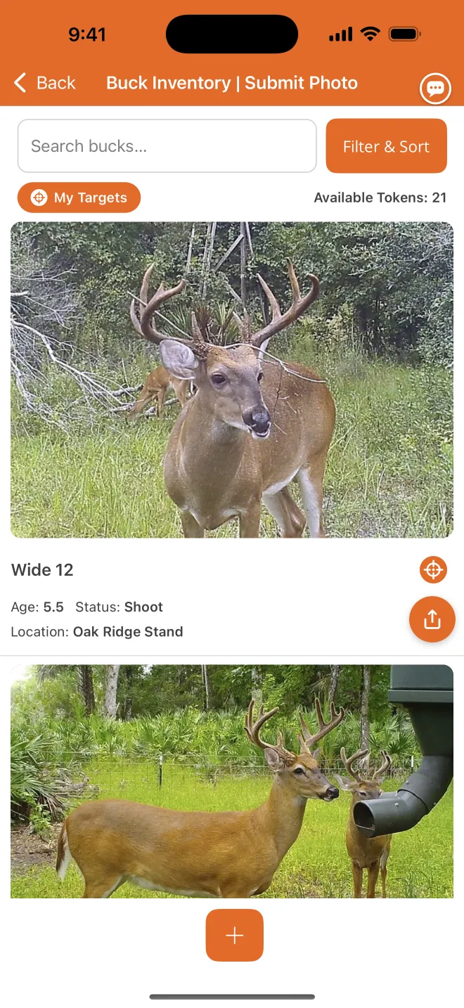 Buck Inventory: trail-cam bucks with name, age, status and location