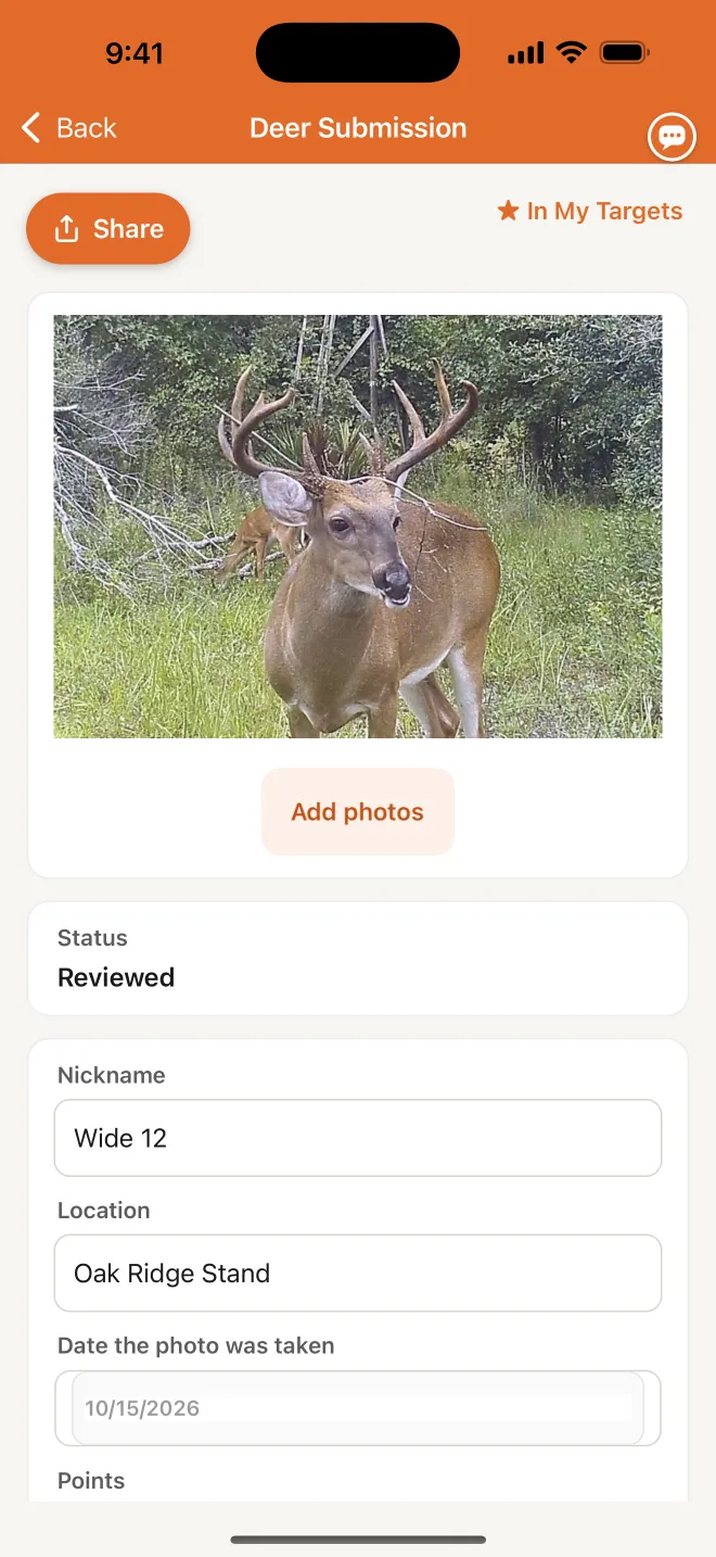 Deer Submission: the buck's photo, Reviewed status, nickname, location and photo date