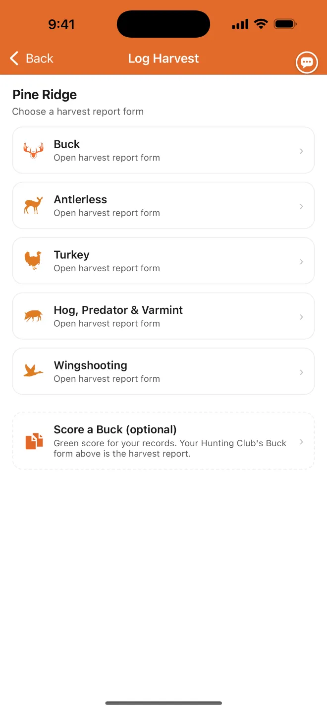 Log Harvest for Pine Ridge: harvest report forms for buck, antlerless, turkey, hog, predator and varmint, and wingshooting