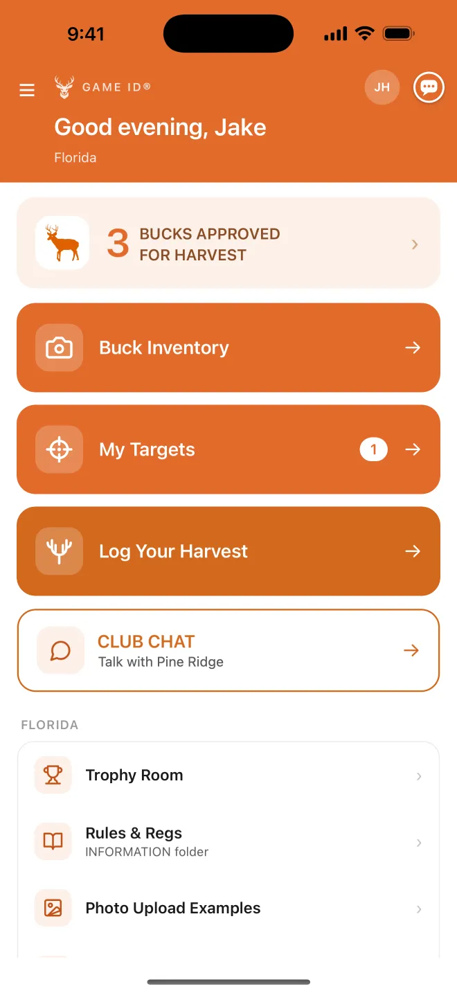 Game ID home screen: 3 bucks approved for harvest, Buck Inventory, My Targets, Log Your Harvest and Club Chat
