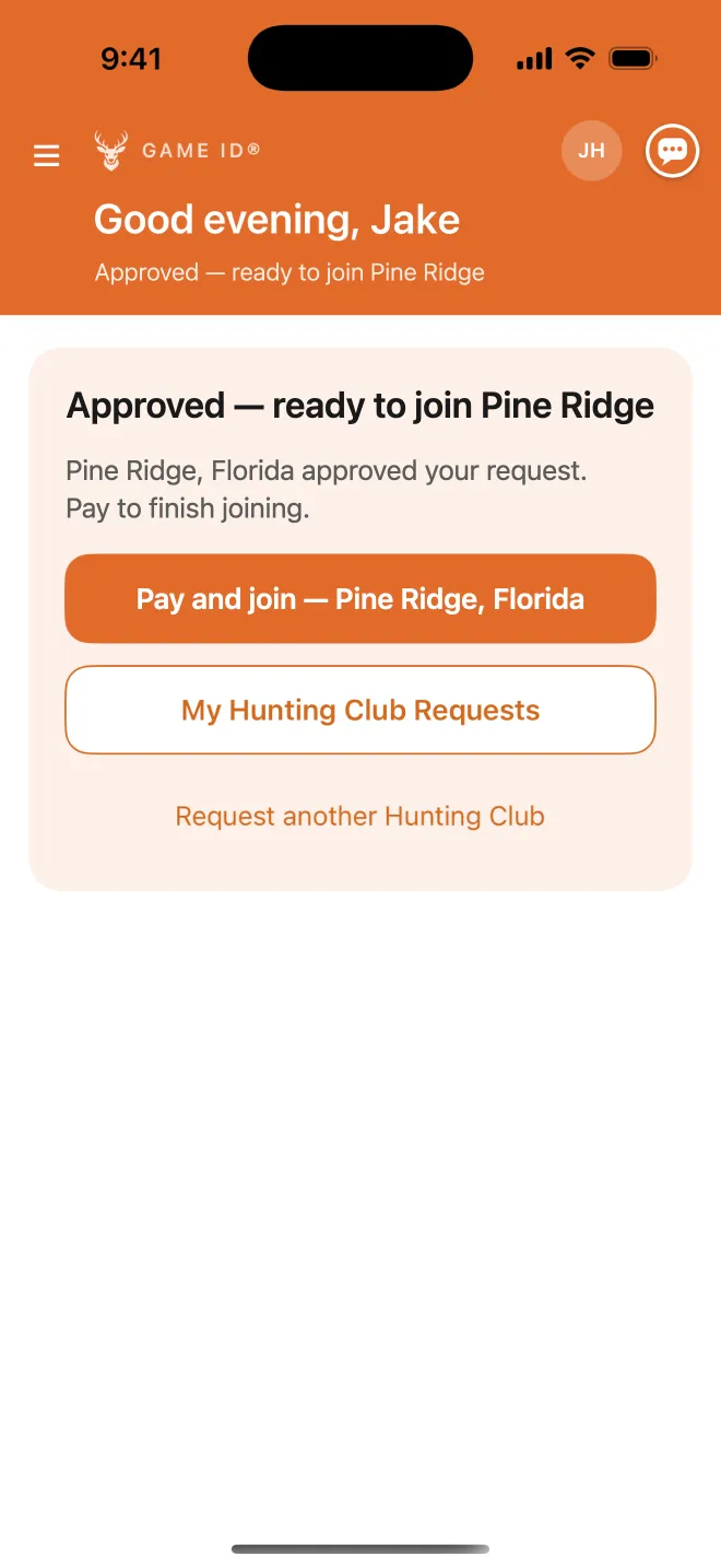 Approved to join Pine Ridge: pay and join from the home screen